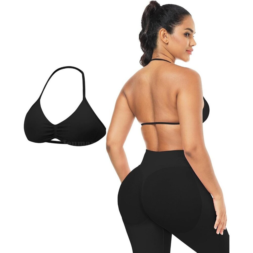 Women’s Seamless Padded Sports Bra Twill Knit Halter Support Yoga Gym